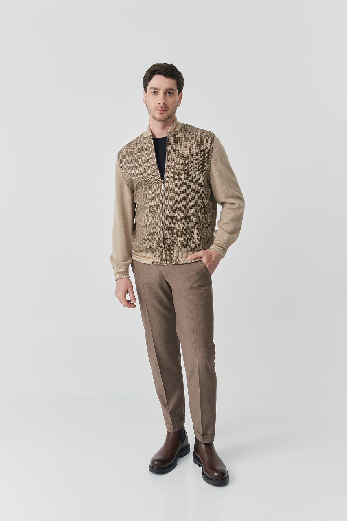Bomber Sam Knitted Sleeves – Camel Herringbone Tweed