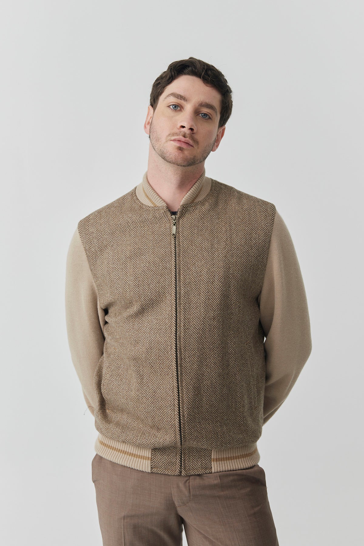 Bomber Sam Knitted Sleeves – Camel Herringbone Tweed