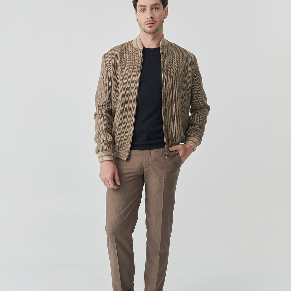 Bomber Sam – Camel Herringbone Tweed
