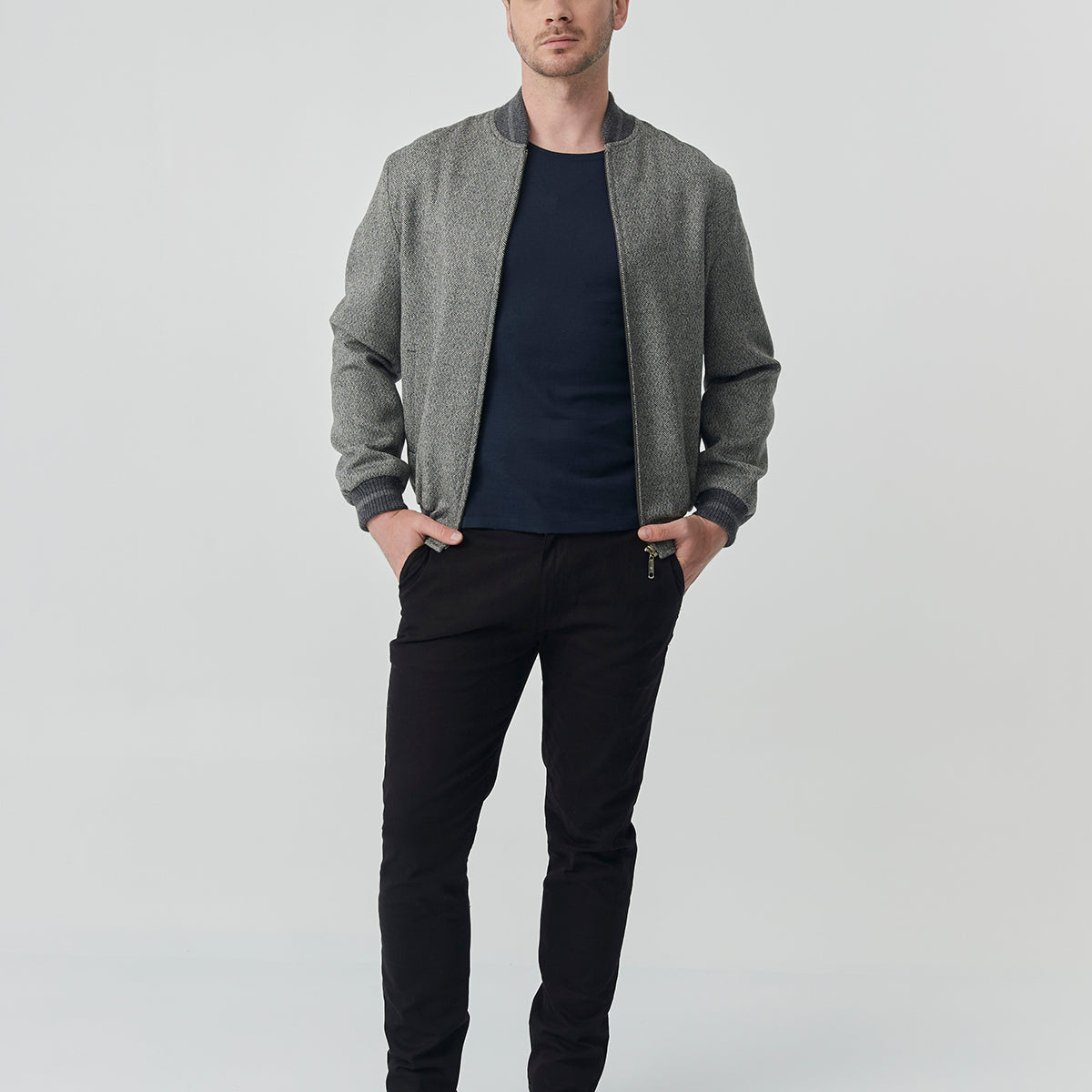 Bomber Sam – Gray Herringbone Tweed