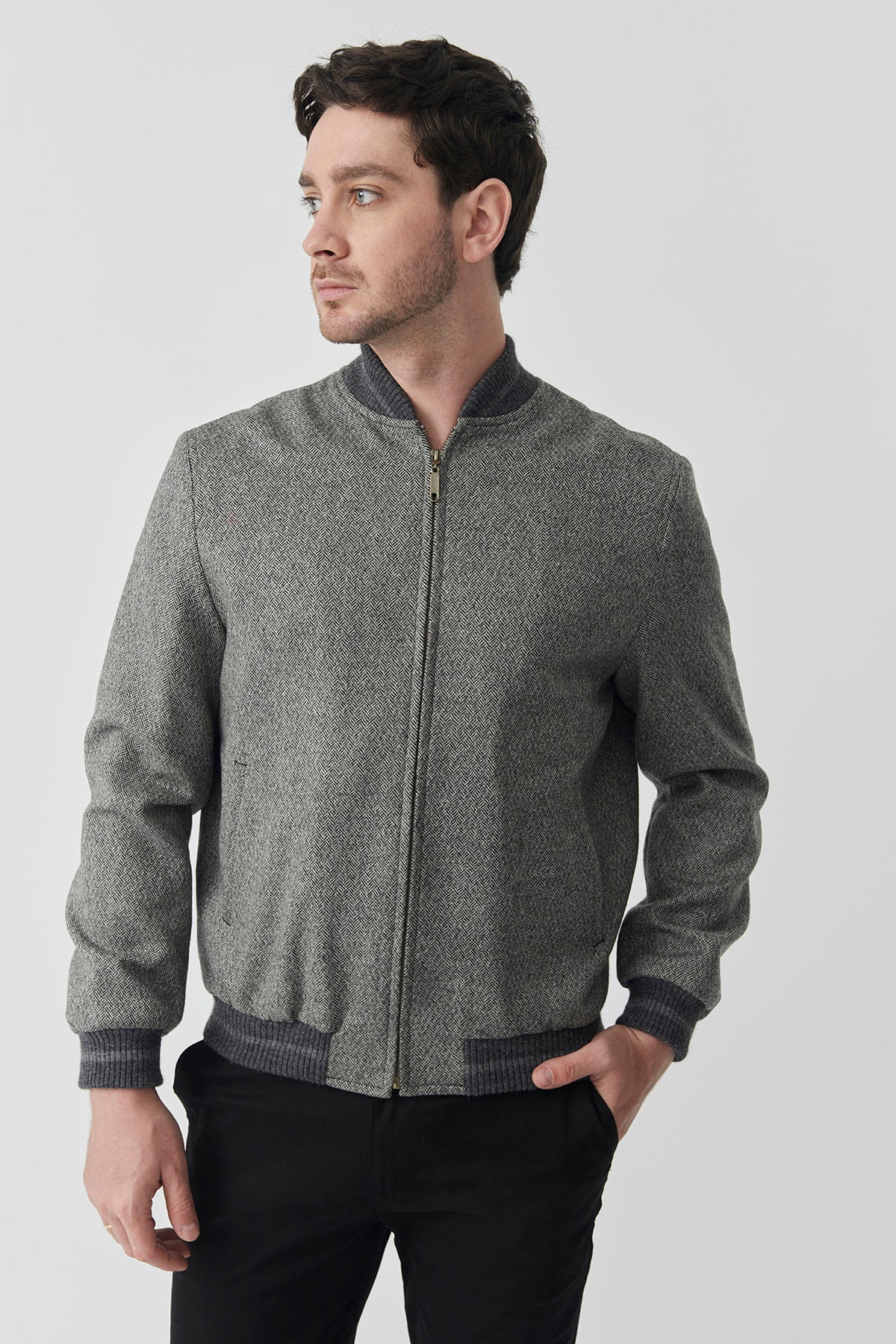 Bomber Sam – Gray Herringbone Tweed