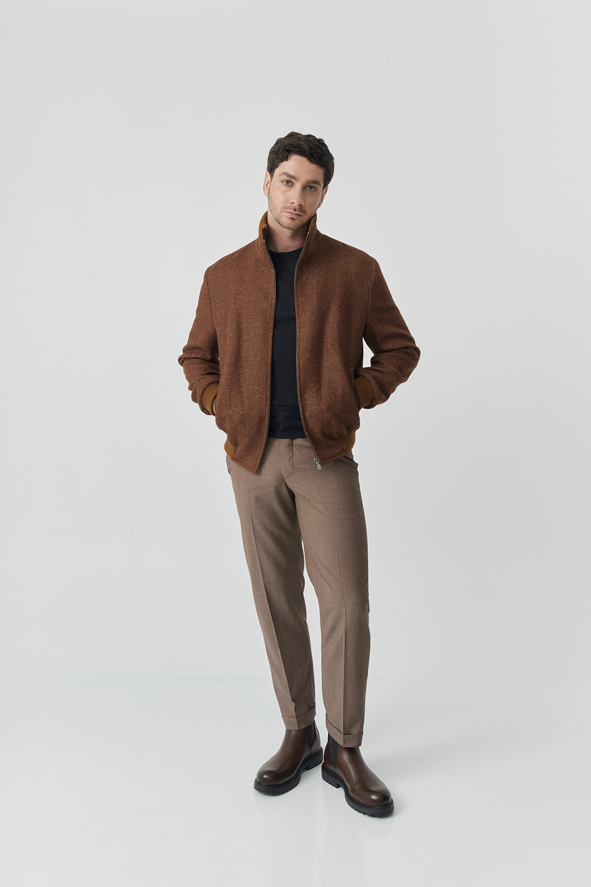 Bomber Tom – Camel Herringbone Baby alpaca