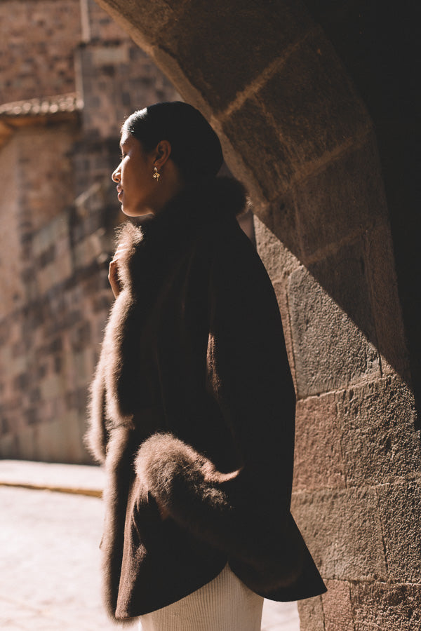 Soleil luxury baby alpaca fur cape in bitter brown