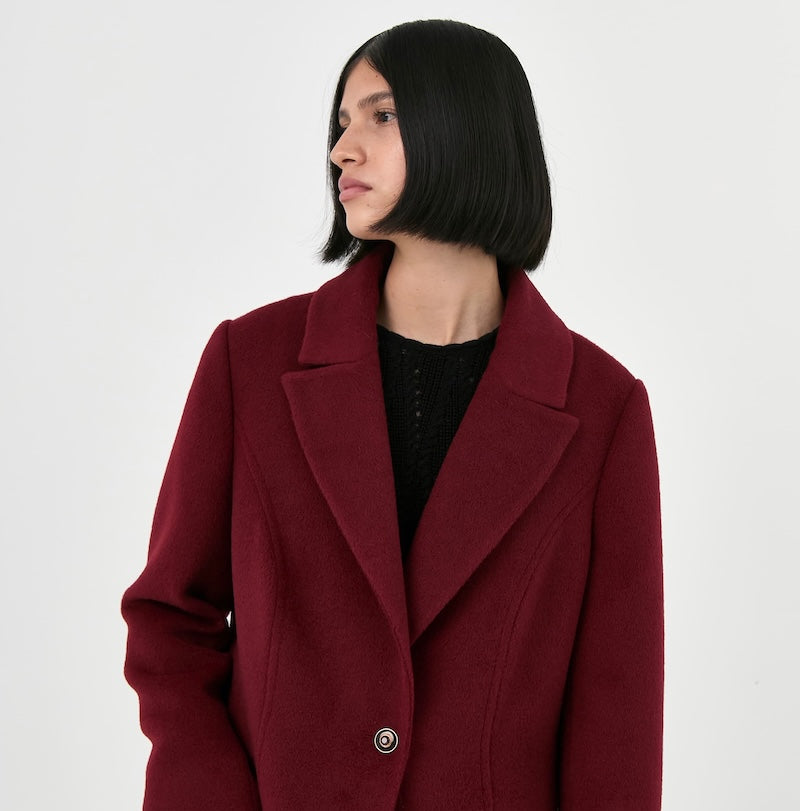 Suri alpaca coat for women in burgundy trend color